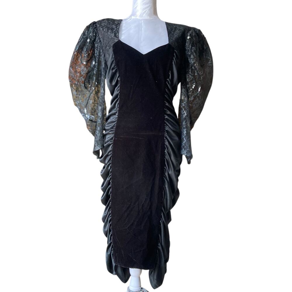 Vintage 80s Black Velvet Puff Sleeve Sequin Lace Ruched Taffeta Midi Dress Sz M